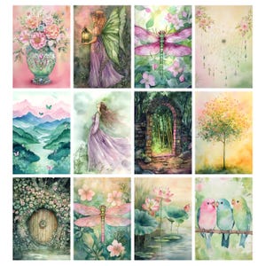 May include: A collection of twelve watercolor paintings featuring various nature-inspired scenes. The artwork includes images of flowers, fairies, dragonflies, landscapes, and birds. The color palette is soft, with pastel pinks, greens, and purples dominating the compositions.