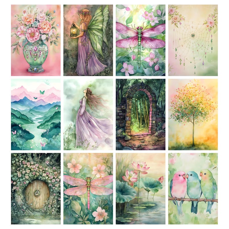 May include: A collection of twelve watercolor paintings featuring various nature-inspired scenes. The artwork includes images of flowers, fairies, dragonflies, landscapes, and birds. The color palette is soft, with pastel pinks, greens, and purples dominating the compositions.