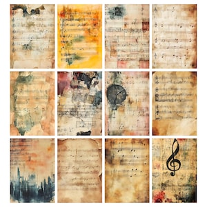 May include: A collection of twelve vintage-style paper sheets featuring musical notation. The sheets have a distressed, aged appearance with watercolor washes in shades of brown, yellow, blue, and red. Some sheets include a clock face or a treble clef.