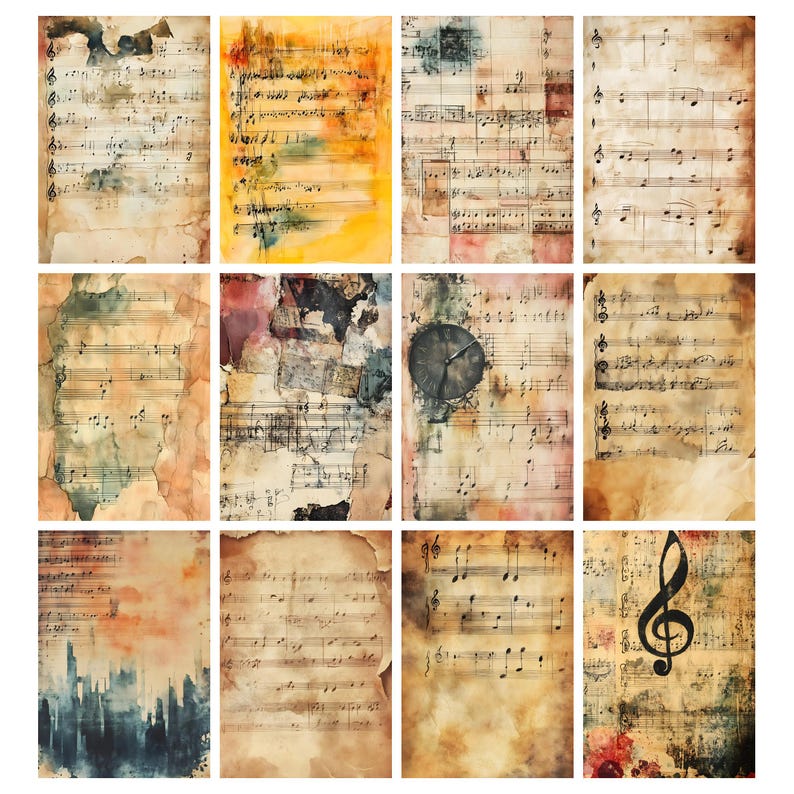 May include: A collection of twelve vintage-style paper sheets featuring musical notation. The sheets have a distressed, aged appearance with watercolor washes in shades of brown, yellow, blue, and red. Some sheets include a clock face or a treble clef.