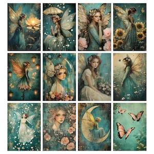 Puede incluir: Una colecci&oacute;n de doce grabados de arte fant&aacute;stico con ilustraciones de hadas et&eacute;reas. Cada grabado muestra un hada con alas detalladas, vestida con vestidos fluidos, sobre un fondo de flores, lunas y mariposas. La paleta de colores incluye verde azulado, dorado y rosas suaves.