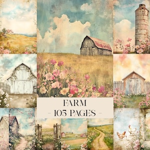 May include: A collage of watercolor farm scenes with barns, fields of flowers, and a silo. The text "FARM - 105 PAGES" is centered at the bottom. The color palette includes soft blues, pinks, and yellows, evoking a vintage aesthetic.