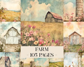 May include: A collage of watercolor farm scenes with barns, fields of flowers, and a silo. The text "FARM - 105 PAGES" is centered at the bottom. The color palette includes soft blues, pinks, and yellows, evoking a vintage aesthetic.