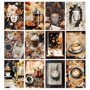 May include: A collection of watercolor art prints featuring coffee and autumn themes. The images showcase coffee cups, lattes, and seasonal elements like leaves, flowers, and a window view. The color palette includes warm tones of brown, orange, and beige.
