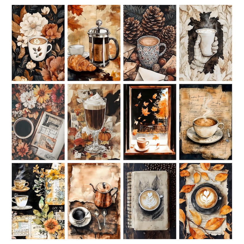 May include: A collection of watercolor art prints featuring coffee and autumn themes. The images showcase coffee cups, lattes, and seasonal elements like leaves, flowers, and a window view. The color palette includes warm tones of brown, orange, and beige.