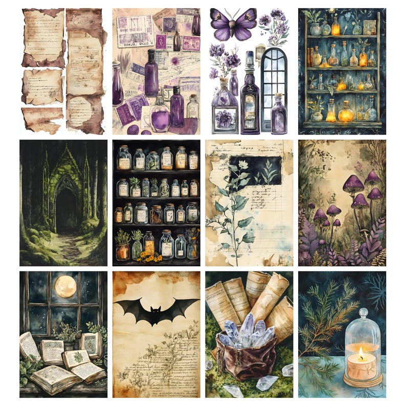 Pu&ograve; includere: Una collezione di illustrazioni ad acquerello a tema mistico. Le immagini includono bottiglie di pozioni, una scena di foresta, un pipistrello, funghi e libri aperti. La tavolozza dei colori &egrave; dominata da sfumature di viola, verde e marrone, con un'estetica vintage.