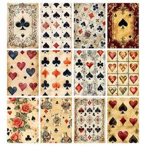 May include: A collection of playing card designs featuring various suits, including spades, hearts, diamonds, and clubs. The cards have a vintage aesthetic with a distressed, aged appearance. Some cards showcase floral and ornate decorative elements.