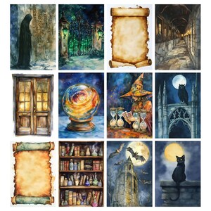 May include: A collection of watercolor paintings with a fantasy theme. The images include a cloaked figure, a gate with green lights, a scroll, a hallway with portraits, a wooden door, a crystal ball, a witch with hourglasses, an owl on a gothic structure, a bookshelf, and a black cat.