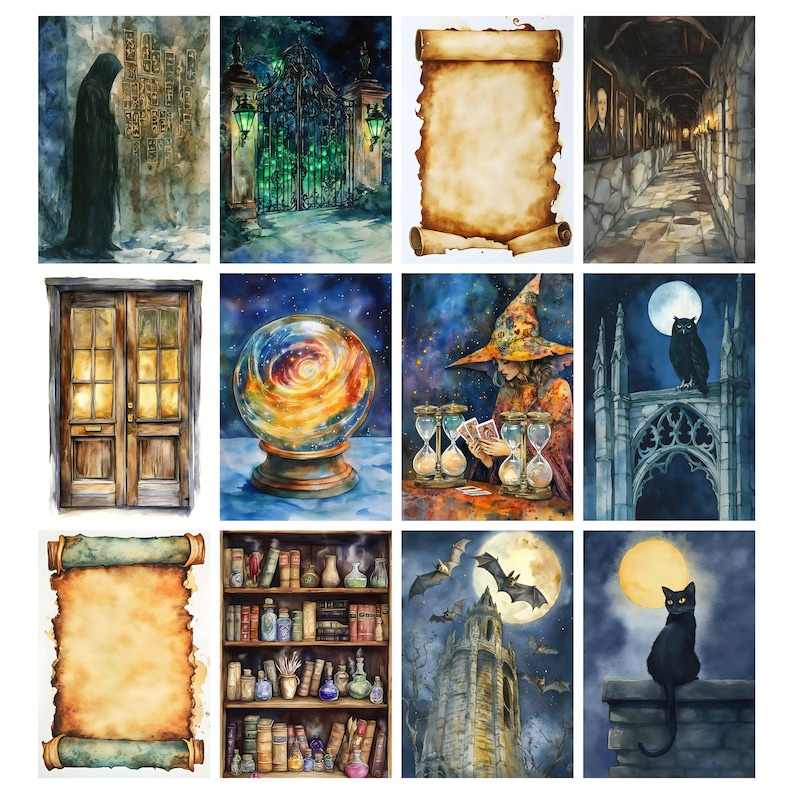 May include: A collection of watercolor paintings with a fantasy theme. The images include a cloaked figure, a gate with green lights, a scroll, a hallway with portraits, a wooden door, a crystal ball, a witch with hourglasses, an owl on a gothic structure, a bookshelf, and a black cat.