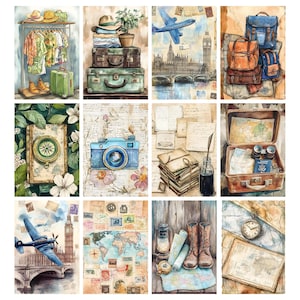May include: Watercolor illustrations of travel-themed items. The images include suitcases, clothing, a camera, a compass, a map, a vintage airplane, and a pocket watch. The color palette is soft, with muted tones of blue, brown, and green.