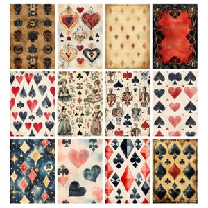 May include: A collection of vintage-style playing card designs. The designs feature hearts, diamonds, spades, and clubs in various patterns and colors, including red, blue, and gold. Some designs have a celestial theme with stars and diamonds.