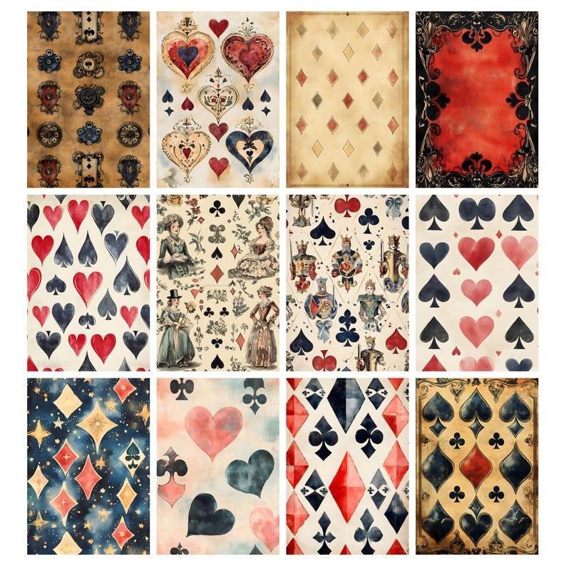 May include: A collection of vintage-style playing card designs. The designs feature hearts, diamonds, spades, and clubs in various patterns and colors, including red, blue, and gold. Some designs have a celestial theme with stars and diamonds.
