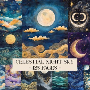 May include: A collection of watercolour illustrations depicting celestial night sky themes. The images show full moons, crescent moons, clouds, and swirling gold designs against a dark blue and purple backdrop. The text "CELESTIAL NIGHT SKY - 125 PAGES -" is displayed.