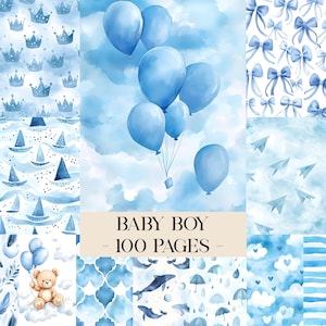 Puede incluir: Una colección de ilustraciones en acuarela con temática de bebé niño. La imagen presenta globos azules, coronas, veleros, osos de peluche y otros patrones. El texto "BABY BOY - 100 PAGES" se muestra en el centro.