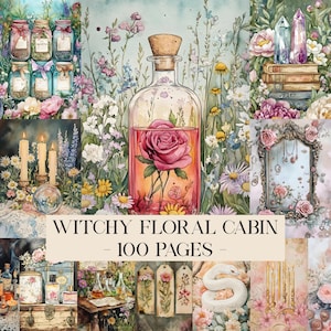 Puede incluir: Ilustración en acuarela con una botella de vidrio grande con tapón de corcho, llena de líquido rosa y una rosa. La imagen incluye frascos, velas, cristales, libros y el texto "WITCHY FLORAL CABIN - 100 PAGES".