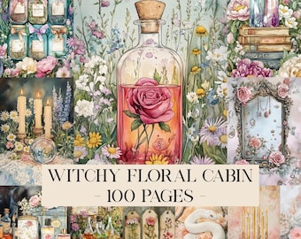 Witchy Floral Cabin Pages, Forest Witch Junk Journal Kit, Witchy Paper, Floral Journal, Scrapbook Papers, Vintage Ephemera, Decoupage Paper