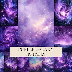 May include: A collection of digital art featuring vibrant purple galaxy scenes. The images showcase swirling nebulae, sparkling stars, and cosmic clouds. The text "PURPLE GALAXY - 110 PAGES" is displayed on a cream-colored banner.