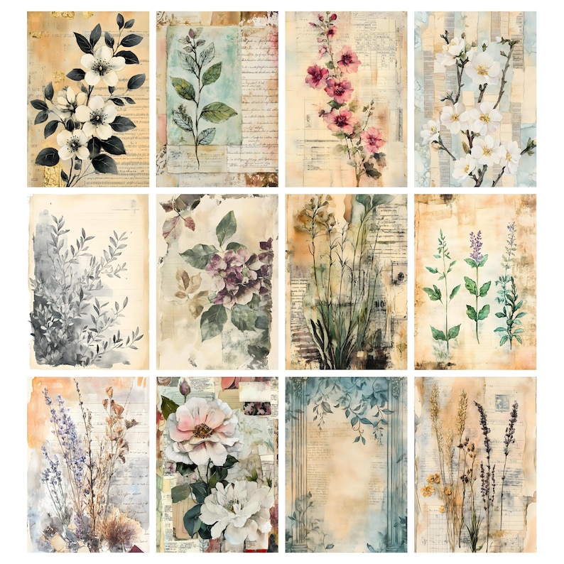 Blomarkivets skräpjournalsidor, vintage botaniskt collagepapper, vintage blomskräpjournalkit, digitala blompapper, efemera bild 5