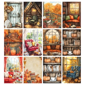 May include: Watercolor illustrations of cozy autumn scenes. Images include a door with a basket of leaves, a library, a balcony with flowers, a reading nook, a house by a lake, a red armchair, a round window, a bookshelf with pumpkins, and a blue armchair.