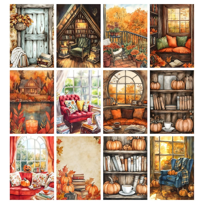 May include: Watercolor illustrations of cozy autumn scenes. Images include a door with a basket of leaves, a library, a balcony with flowers, a reading nook, a house by a lake, a red armchair, a round window, a bookshelf with pumpkins, and a blue armchair.
