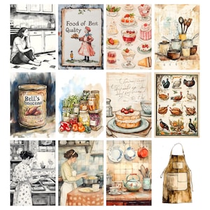 Pode incluir: Uma cole&ccedil;&atilde;o de ilustra&ccedil;&otilde;es em aquarela com cenas de cozinha e alimentos. Inclui um letreiro que diz "Food of Best Quality", uma lata de "Bell's POOXSG 6sad" e imagens de bolos, sobremesas e utens&iacute;lios de cozinha. O tema geral &eacute; vintage e culin&aacute;rio.