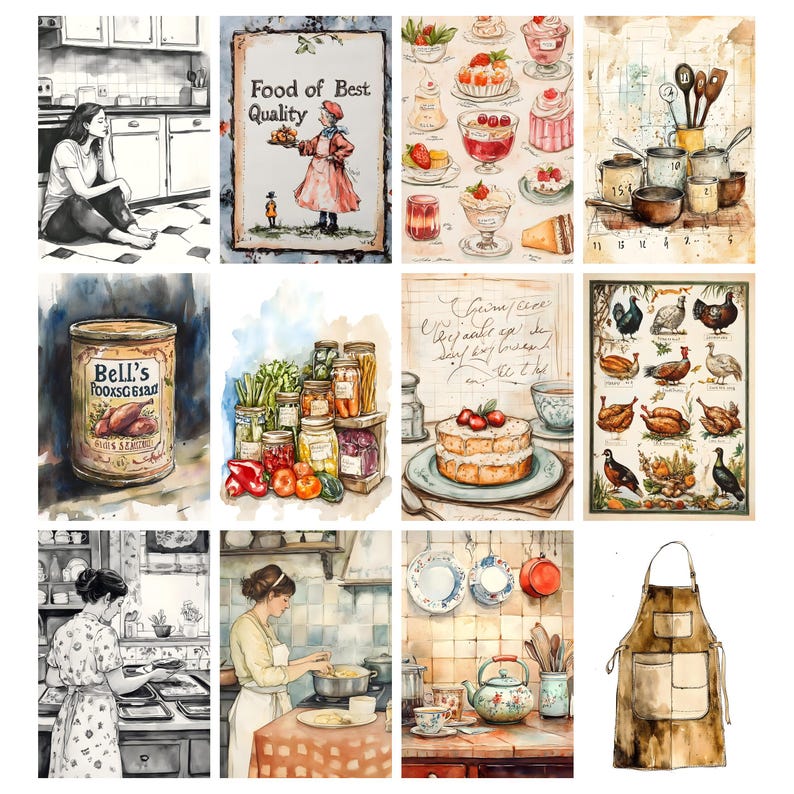 Pode incluir: Uma cole&ccedil;&atilde;o de ilustra&ccedil;&otilde;es em aquarela com cenas de cozinha e alimentos. Inclui um letreiro que diz "Food of Best Quality", uma lata de "Bell's POOXSG 6sad" e imagens de bolos, sobremesas e utens&iacute;lios de cozinha. O tema geral &eacute; vintage e culin&aacute;rio.