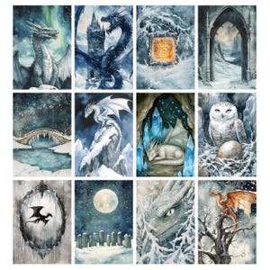 May include: A collection of twelve watercolor illustrations featuring fantasy creatures and landscapes. Dragons, an owl, and a bridge are depicted in a snowy, wintery setting. The color palette includes blues, whites, and hints of orange.