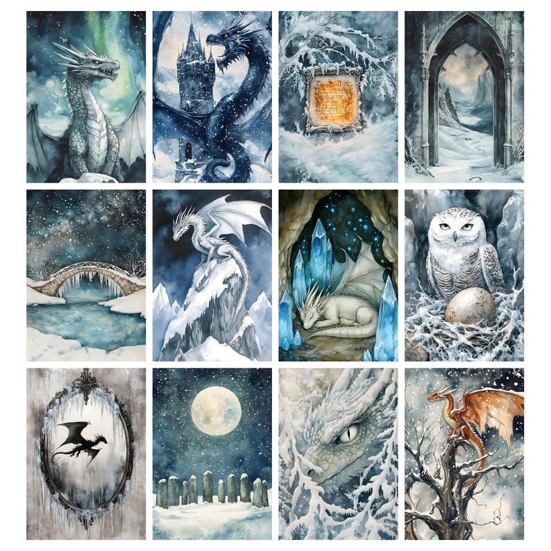 May include: A collection of twelve watercolor illustrations featuring fantasy creatures and landscapes. Dragons, an owl, and a bridge are depicted in a snowy, wintery setting. The color palette includes blues, whites, and hints of orange.