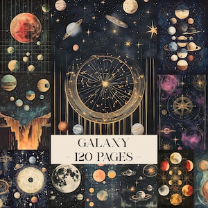 Puede incluir: Una colección de ilustraciones en acuarela que representan planetas, constelaciones y elementos celestes. La obra de arte está ambientada sobre un fondo azul oscuro con detalles dorados. El texto "GALAXY - 120 PAGES -" se muestra en una pancarta crema.
