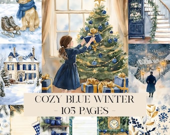 Op de afbeelding: Waterverfillustratie met een winterthema. Toont een meisje dat een kerstboom versiert met blauwe ballen en cadeaus. Bevat een puppy met een blauwe sjaal, schaatsen en een besneeuwd landschap. Tekst: "Cozy Blue Winter - 105 Pages".