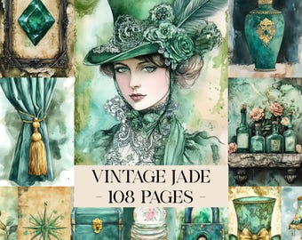 Zestaw do dziennika śmieci w stylu vintage shabby chic w kolorze jadeitu w kolorze zielonym, strony do druku w kolorze grunge jadeitu, arkusze do kolażu z papieru cyfrowego do scrapbookingu