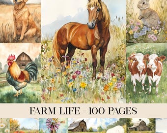 May include: Watercolor illustrations of farm animals and scenes, including a golden retriever, horse, rabbit, rooster, cows, pumpkins, windmill, barn, and sheep. The text "FARM LIFE - 100 PAGES" is displayed at the bottom of the image. The artwork has a rustic, pastoral theme.