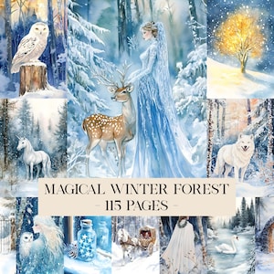 Op de afbeelding: Een verzameling aquarel illustraties met een winterbos thema. De afbeeldingen tonen een vrouw in een blauwe jurk, een hert, een uil, een wolf, een eenhoorn en een paardenkoets. De tekst luidt "MAGICAL WINTER FOREST - 115 PAGES -".