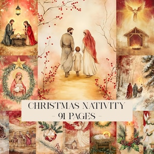 Puede incluir: Una colección de ilustraciones en acuarela que representan escenas de la Natividad navideña. Las imágenes presentan la Sagrada Familia, ángeles y los Reyes Magos. El texto "CHRISTMAS NATIVITY - 91 PAGES -" se muestra en la parte inferior.