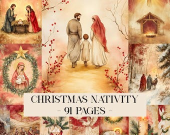 Christmas Nativity Junk Journal Pages, Christmas Nativity Pages, Christmas Scrapbook Paper, Christmas Printable Collage, Winter Ephemera