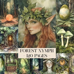 May include: A watercolour illustration featuring a forest nymph with red hair and a leafy crown. The image includes forest scenes, an egg, mushrooms, and the text "FOREST NYMPH - 120 PAGES".