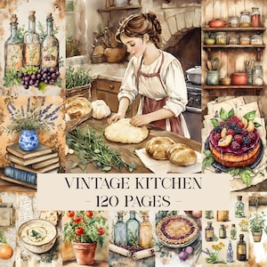 Può includere: Illustrazione ad acquerello di una scena di cucina vintage. Una donna con un grembiule impasta. L'immagine include bottiglie, uva, una torta e il testo "VINTAGE KITCHEN - 120 PAGES".