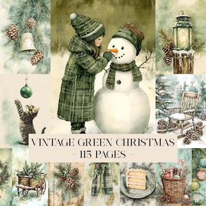 May include: Watercolor illustration of a vintage green Christmas theme. The image features a child building a snowman, along with other holiday elements like pine cones, ornaments, and a rocking chair. The text reads "VINTAGE GREEN CHRISTMAS - 115 PAGES -"