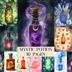 May include: A collection of watercolor illustrations of potion bottles in various colors and designs. The central image features a purple potion bottle with a gold crescent moon charm. Text reads "MYSTIC POTION - 117 PAGES".