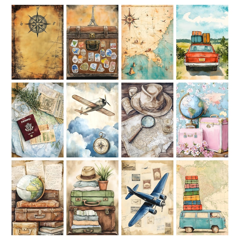 May include: A collection of watercolor illustrations featuring travel themes. Images include a compass, a vintage suitcase with travel stickers, maps, a red car with luggage, a passport, an airplane, a hat, a globe, and a blue van with luggage.