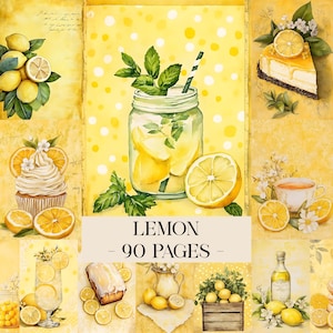 Puede incluir: Un collage de ilustraciones en acuarela con limones, bebidas y postres con sabor a limón. Se muestra un tarro con pajita y menta, una porción de tarta de queso y una magdalena. También se ve el texto "LEMON - 90 PAGES -".