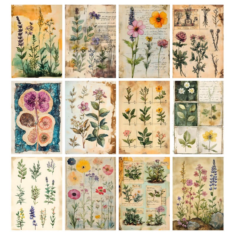 May include: A collection of botanical illustrations featuring various flowers and plants. The artwork is rendered in watercolor style on aged paper, showcasing a vintage aesthetic. The images include detailed depictions of flowers, leaves, and stems, with a focus on natural forms and textures.