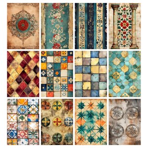 May include: A collection of twelve decorative art prints featuring various patterns and designs. The prints showcase a range of styles, including floral, geometric, and abstract motifs. Colors include teal, red, gold, and brown. The prints are suitable for home decor.