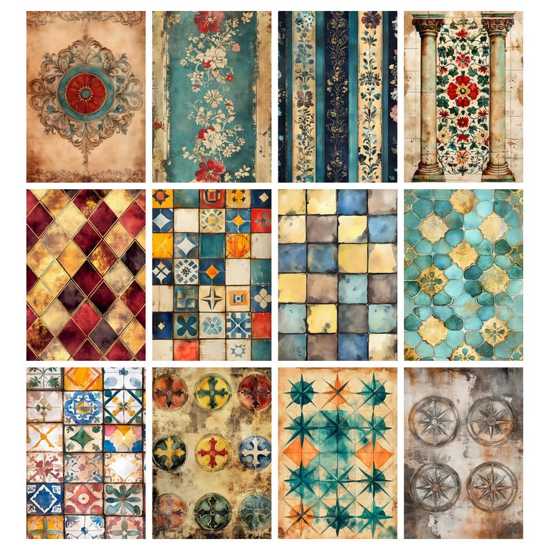 May include: A collection of twelve decorative art prints featuring various patterns and designs. The prints showcase a range of styles, including floral, geometric, and abstract motifs. Colors include teal, red, gold, and brown. The prints are suitable for home decor.