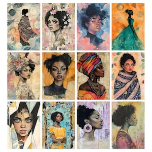 May include: A collection of twelve watercolor portraits of Black women. Each portrait features a different woman with unique hairstyles, clothing, and accessories. The color palette includes blues, greens, oranges, and pinks, with some portraits set against a vintage paper background.