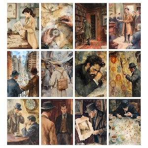 May include: A collection of watercolor illustrations depicting scenes of mystery and investigation. The images feature detectives, maps, compasses, and historical settings, evoking a sense of intrigue and adventure. The color palette is muted, with warm tones.