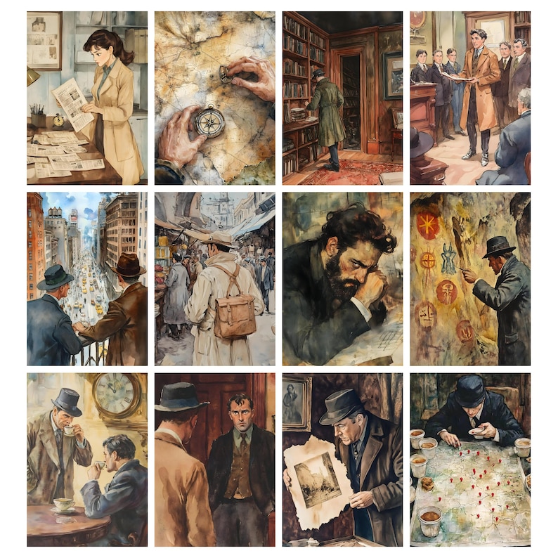 May include: A collection of watercolor illustrations depicting scenes of mystery and investigation. The images feature detectives, maps, compasses, and historical settings, evoking a sense of intrigue and adventure. The color palette is muted, with warm tones.
