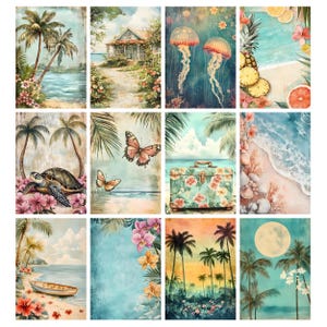 May include: A collection of twelve rectangular art prints featuring tropical and coastal scenes, including palm trees, a beach house, jellyfish, pineapples, a sea turtle, butterflies, a floral suitcase, seashells, a boat, and a full moon.