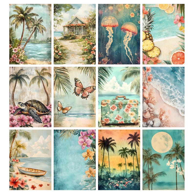 May include: A collection of twelve rectangular art prints featuring tropical and coastal scenes, including palm trees, a beach house, jellyfish, pineapples, a sea turtle, butterflies, a floral suitcase, seashells, a boat, and a full moon.