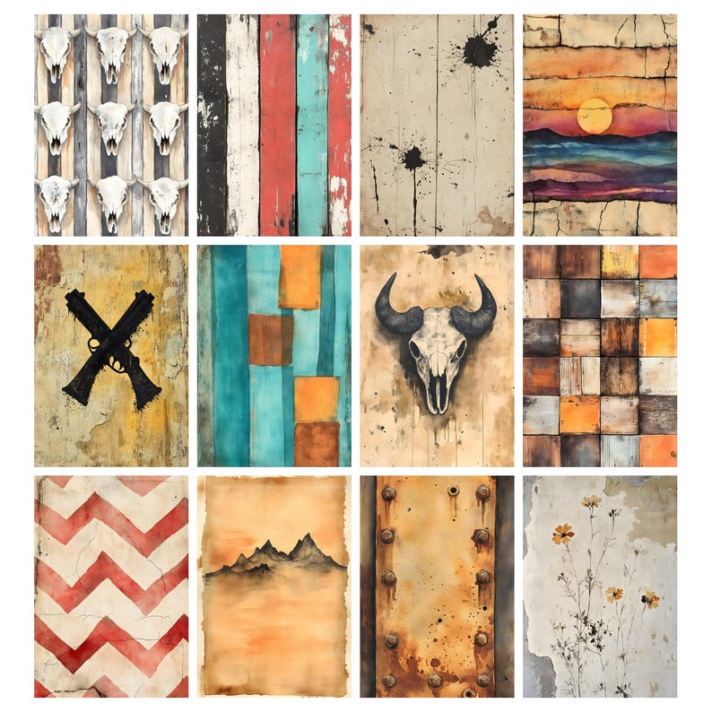 May include: A collection of twelve rustic-themed art prints. The prints feature various designs, including cow skulls, distressed wood panels, splattered paint, a sunset landscape, crossed rifles, and geometric patterns. The color palette includes earthy tones and vibrant accents.